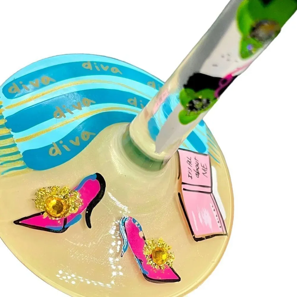 LOLITA - “Beach Diva” * Love my Wine * Hand-painted Wine Glass